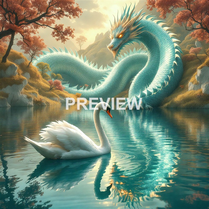 A majestic, blue-scaled dragon with glowing eyes is emerging from a mountainous landscape with autumn-colored trees, while a white swan gracefully floats on a calm lake in the foreground.
